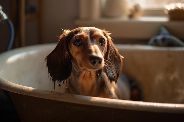 Tomar banho a um dachshund numa carrinha gerada por IA