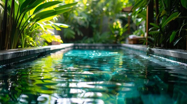 Foto tomar un baño en la piscina al aire libre rodeado de exuberante vegetación y tomar el sol cálido en el lujoso