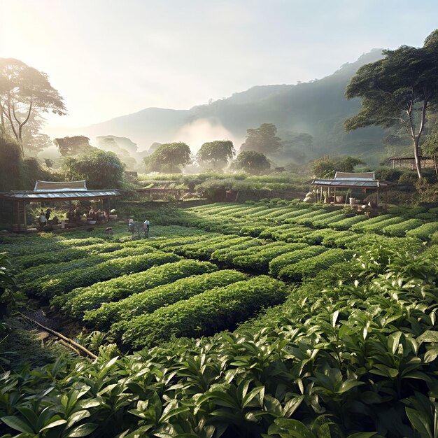 Tomar una foto de un jardín de té de ayuno con filas de plantas de té cuidadosamente cuidadas que se extienden en el