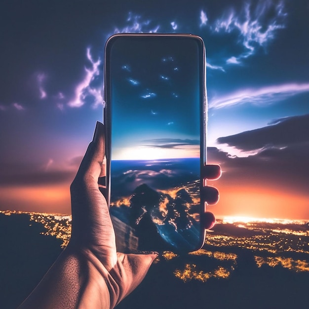 Tomar una foto de la puesta de sol con un teléfono móvil Smartphone en la mano