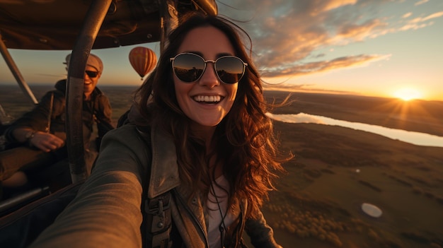 Foto tomar selfies durante el amanecer en globo de aire caliente