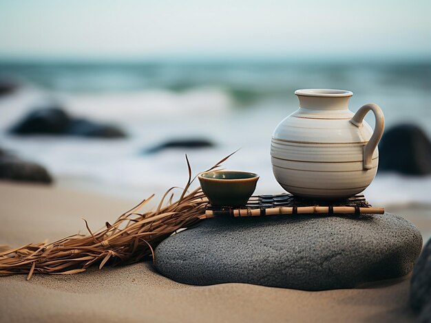 Tomar uma bebida refrescante de sake na praia Geração AI