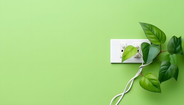 Foto tomata verde o toma de corriente de pared y cable de alimentación con hojas frescas vista superior energía renovable y ahorradora