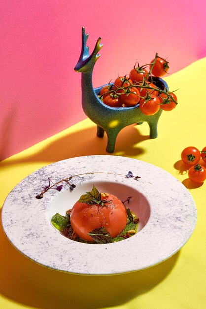tomate adornado con piñones y hierbas servido en un plato blanco sobre un fondo verde