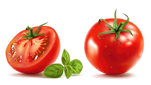 Tomate aislado Tomate entero a la mitad sobre fondo blanco Tomates con hojas de albahaca verde