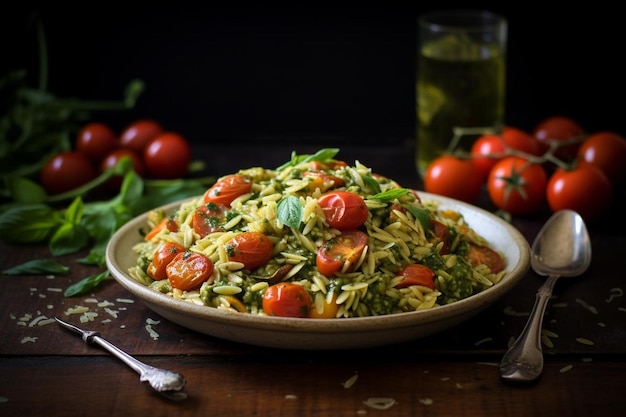 Foto tomate, albahaca, pesto y orzo