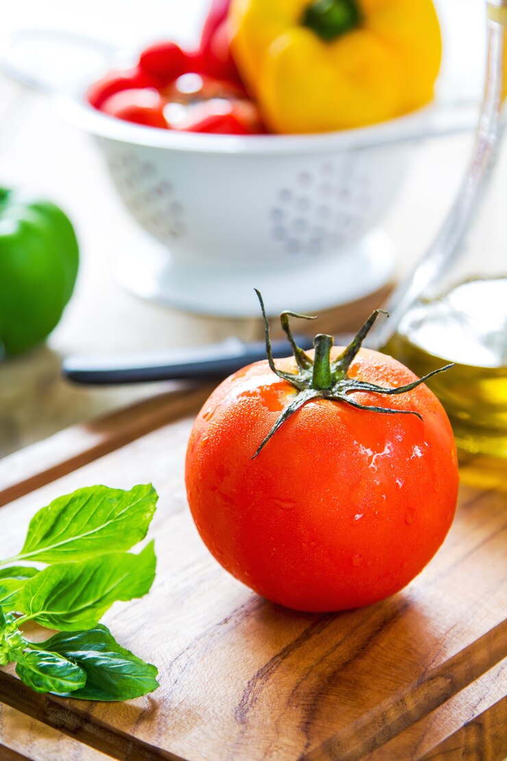 Tomate, albahaca y pimiento morrón de colores como ingrediente para cocinar