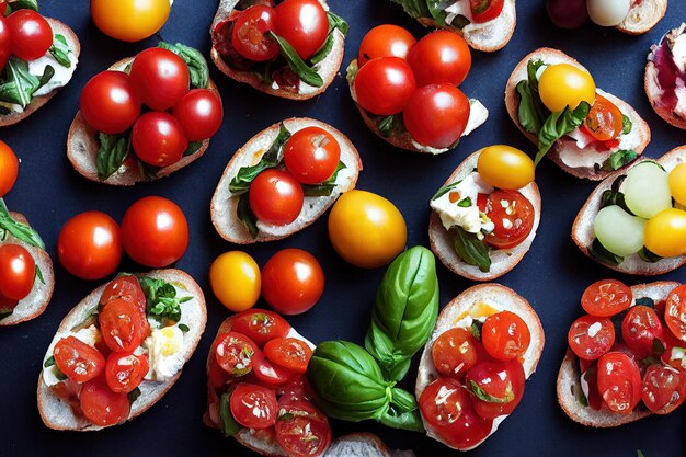 Tomate amarelo e vermelho mussarela manjericão e baguete para bruschetta