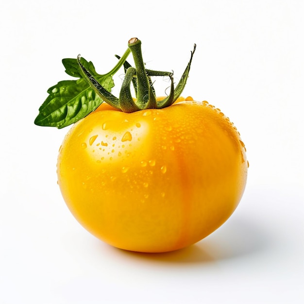 Un tomate amarillo con una hoja verde