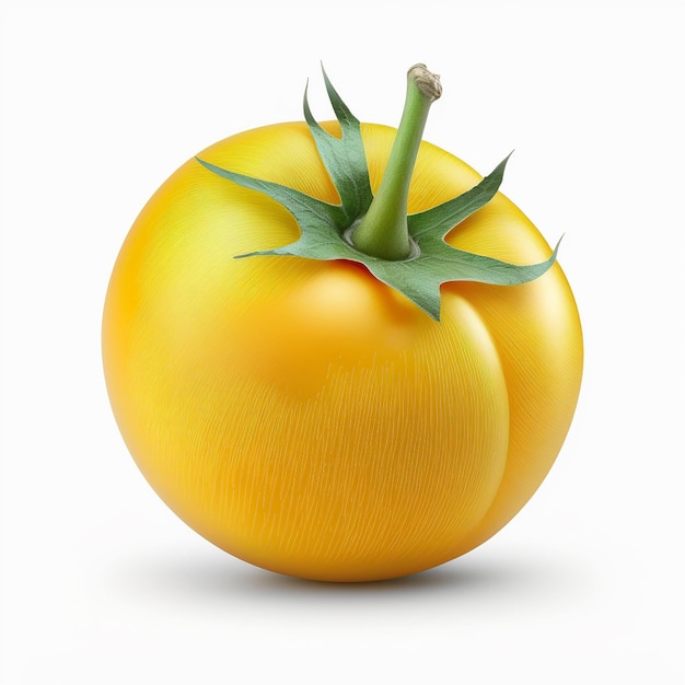 Un tomate amarillo con un tallo verde y un tallo verde.