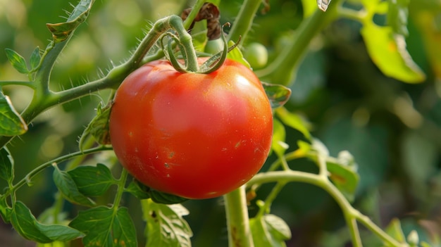 Tomate auf der Rebe Eine reife Tomate hängt an der Rebe. Ihre leuchtende rote Farbe kontrastiert wunderschön mit den grünen Blättern.