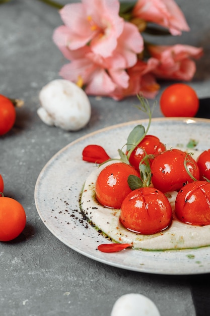 Tomate cereja com mousse de tofu em um prato