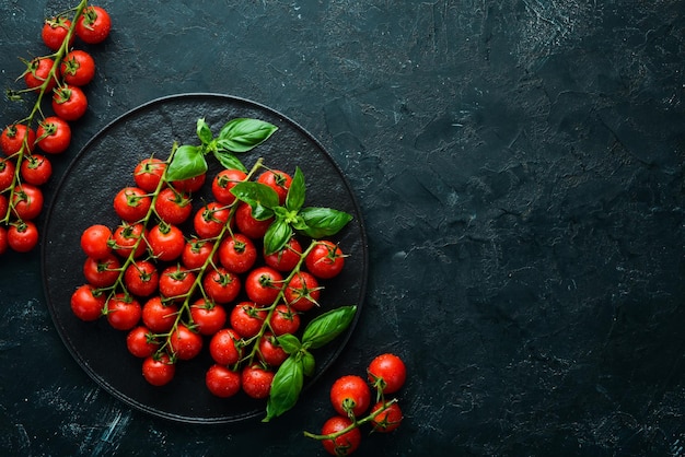 Tomate cereja e manjericão no prato Vista superior Espaço livre para o seu texto