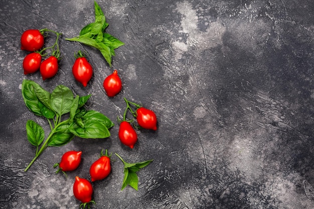 Tomate cereja e manjericão no topo do espaço de cópia de pano de fundo texturizado escuro vista superior