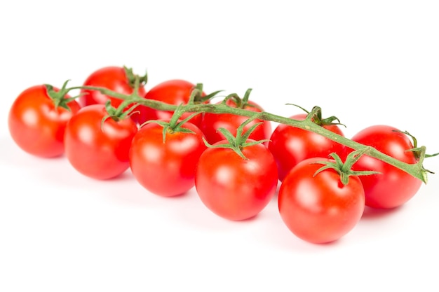 Tomate cereja em um galho isolado no fundo branco