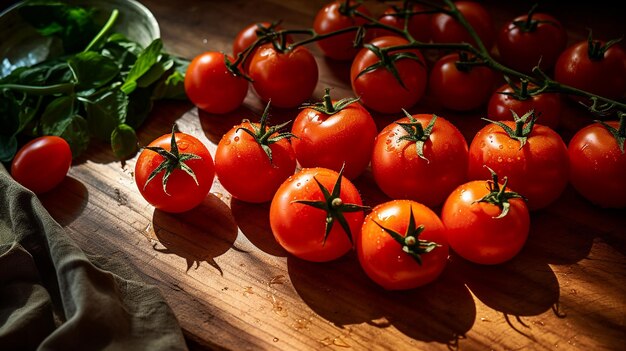 Tomate cereja fresco em fundo de madeira