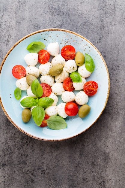 Tomate cereja, queijo mussarela, manjericão e especiarias na lousa de pedra ardósia cinza. Ingredientes da salada caprese tradicional italiana. Comida mediterrânea.