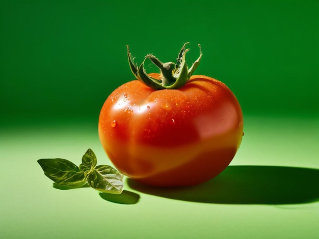 tomate cortado a la mitad aislado en fondo verde tomate maduro fresco en el aire flotando