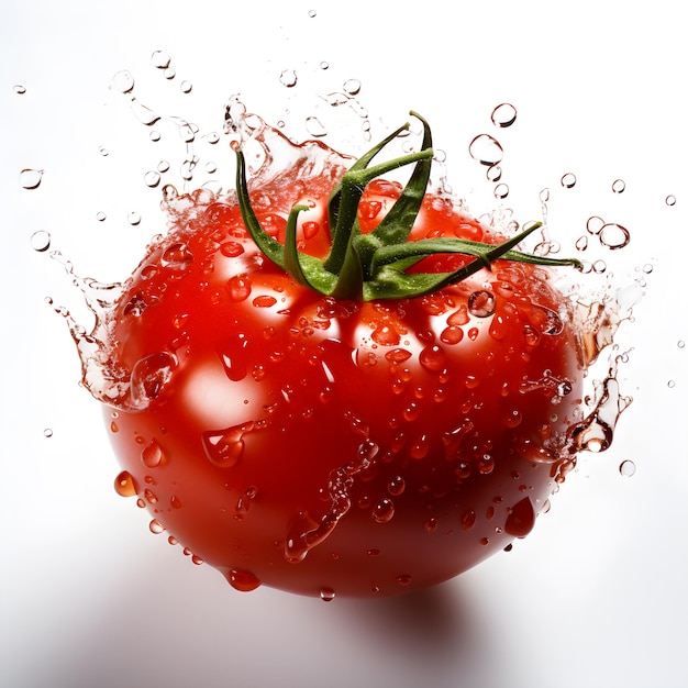 Un tomate cubierto de gotas de agua El tomate es rojo y tiene la piel suave