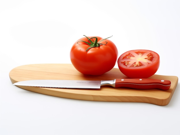Un tomate y un cuchillo en una tabla de corte de madera en un fondo blanco