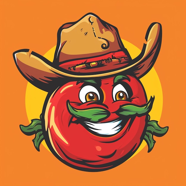 tomate de desenho animado com um chapéu de cowboy e bigode