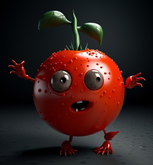 El tomate de dibujos animados gracioso parece sorprendido y sorprendido en la cámara