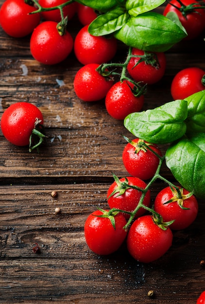 Tomate doce fresco e manjericão verde na mesa vintage