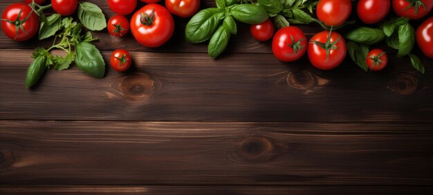 tomate e manjericão em um fundo de tábua de madeira