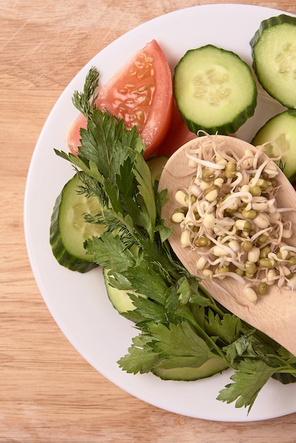 Foto tomate e pepino feijão germinado colher de pau salada fresca