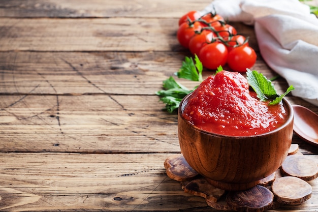 Tomate em suco ou pasta de tomate em uma tigela de madeira