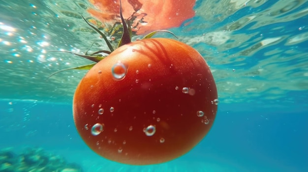 Un tomate está bajo el agua y está en el agua.