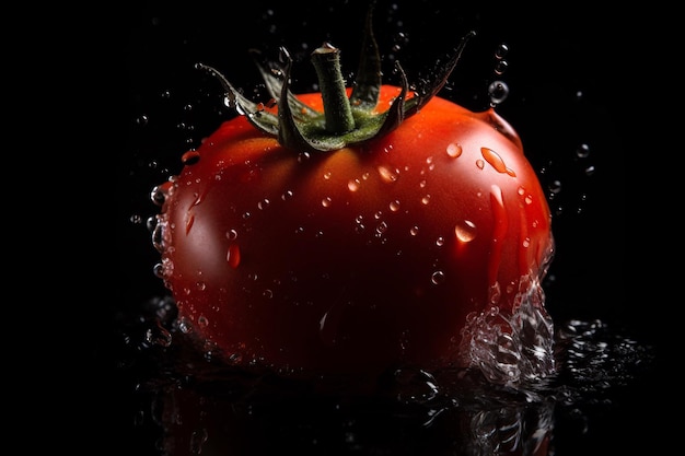 Un tomate está en el agua con un fondo negro.