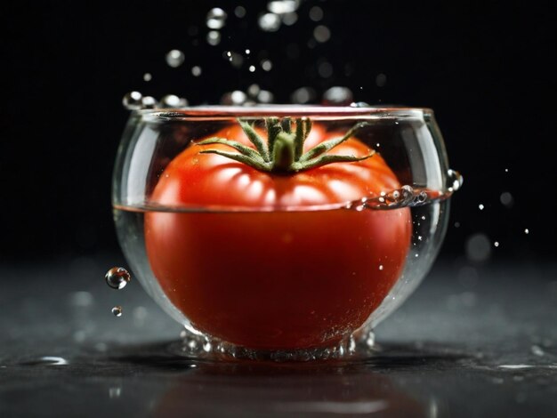 un tomate está en un cuenco de agua con burbujas