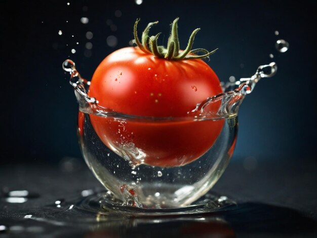 un tomate está siendo vertido en un cuenco de vidrio con agua salpicando sobre él