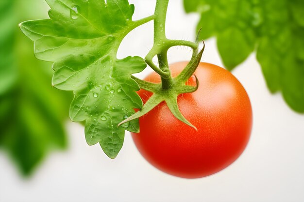 Foto tomate en fondo blanco aislado con hojas alrededor de la fruta