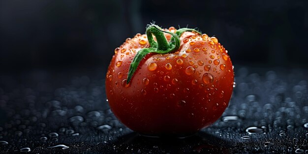 Un tomate en un fondo negro con gotas de agua