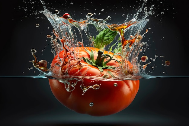 tomate fresco cayendo en un tazón de agua, salud y concepto de vida saludable. creado con tecnología de IA generativa