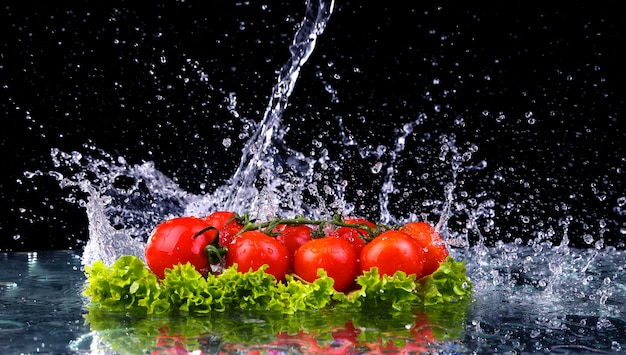 Tomate fresco cereza y ensalada fresca verde con salpicaduras de gota de agua. Macro gotas de agua caen sobre los tomates cherry rojos y hacen salpicaduras