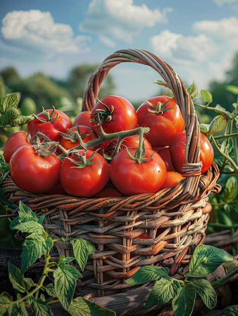 Tomate fresco da fazenda, suculento, colhido num dia ensolarado num aconchegante jardim agrícola.