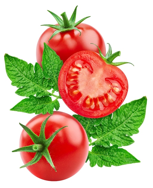 Tomate fresco isolado flutuar no ar Vegetal de tomate caindo e folhas de tomate isoladas em branco