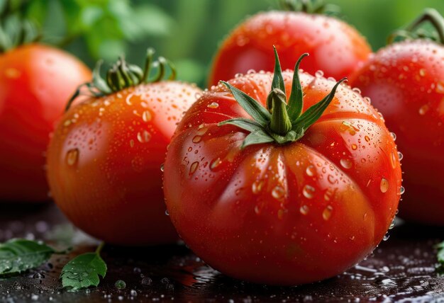 Un tomate fresco maduro y brillante con rocío encarna la esencia sana y gourmet de la naturaleza