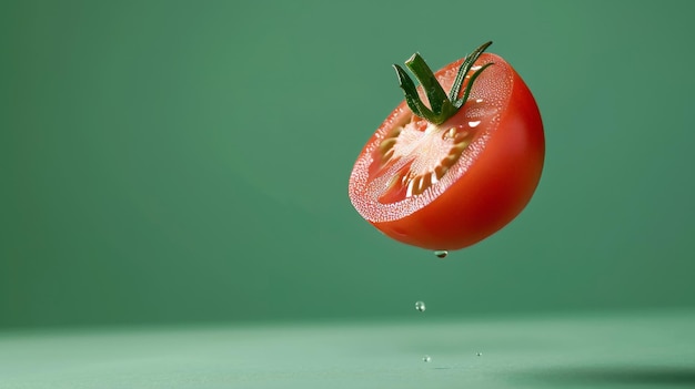 Tomate fresco maduro dividido en dos sobre un telón de fondo verde flotando en el aire para un concepto de comida vibrante