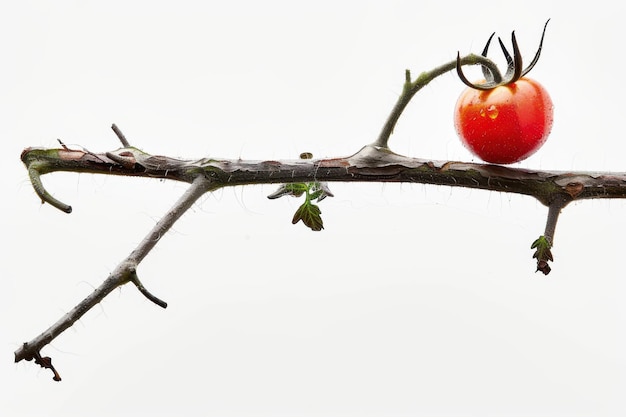 Un tomate fresco y maduro con gotas de agua descansando en una vid seca aislada contra un fondo blanco