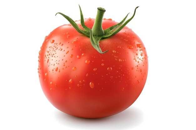 Tomate fresco y maduro con gotas de agua sobre un fondo blanco