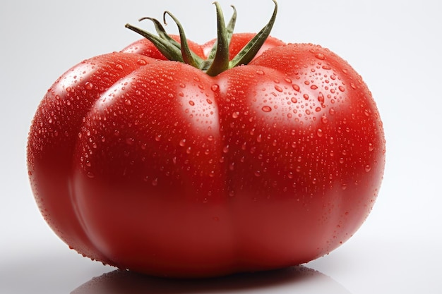 Tomate fresco maduro perfecto con gotas de agua aisladas sobre fondo blanco