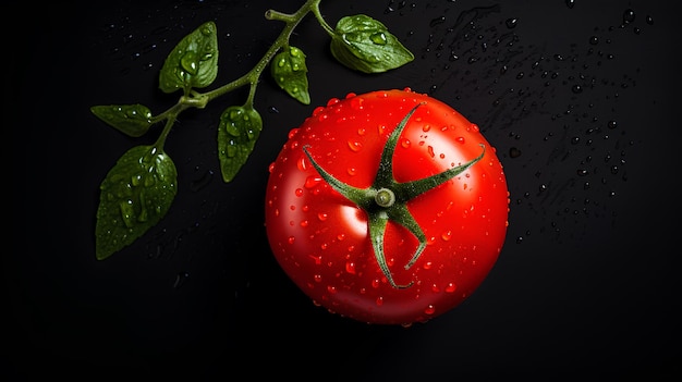 tomate con gota de agua en fondo negro