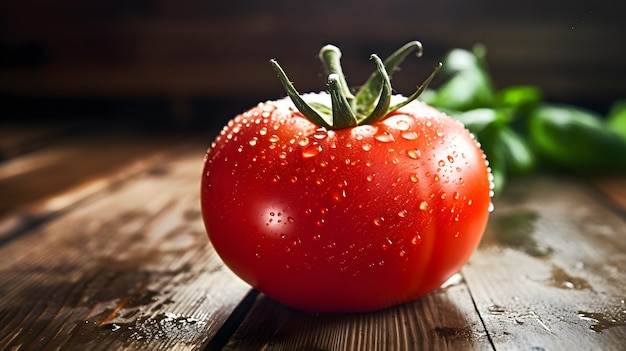 un tomate con gotas de agua en él