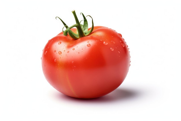 Un tomate con gotas de agua sobre un fondo blanco.