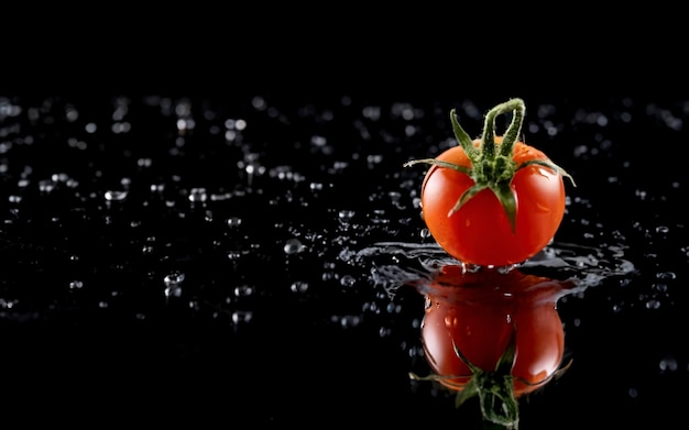 El tomate con gotas se encuentra en el fondo negro