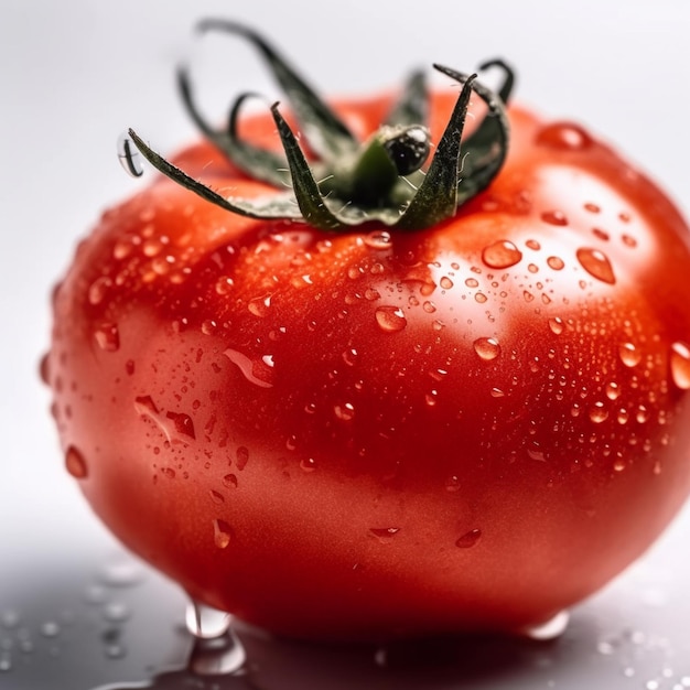 Un tomate con gotitas de agua y la palabra "tomate" en el lateral.